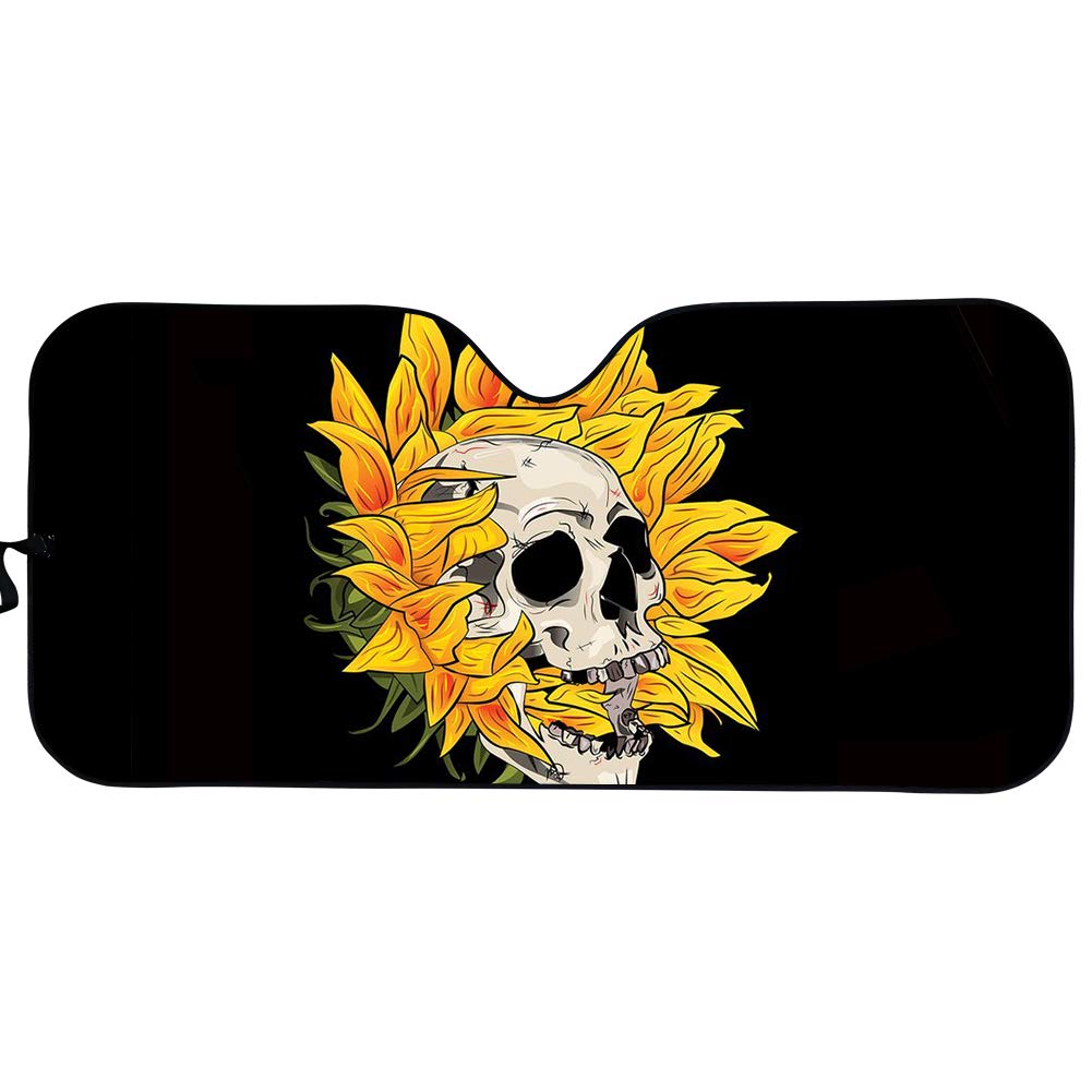Biyejit Skull Sunflower Car Windshield Sun Shade, Retractable Sun Shade, Sunshade to Keep Your Vehicle Cool and Damage Free, UV Sun and Heat Reflector, Easy to Use