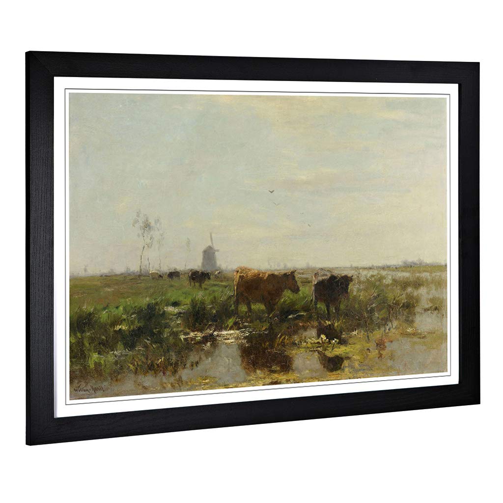 Big Box Art Framed Print of Willem Maris Cows by Water Design | Wall Art Picture | Home Decor for Kitchen, Living, Dining Room, Bedroom, Hallway, Office, Black, A2 / 24.5x18 Inch / 62x45cm