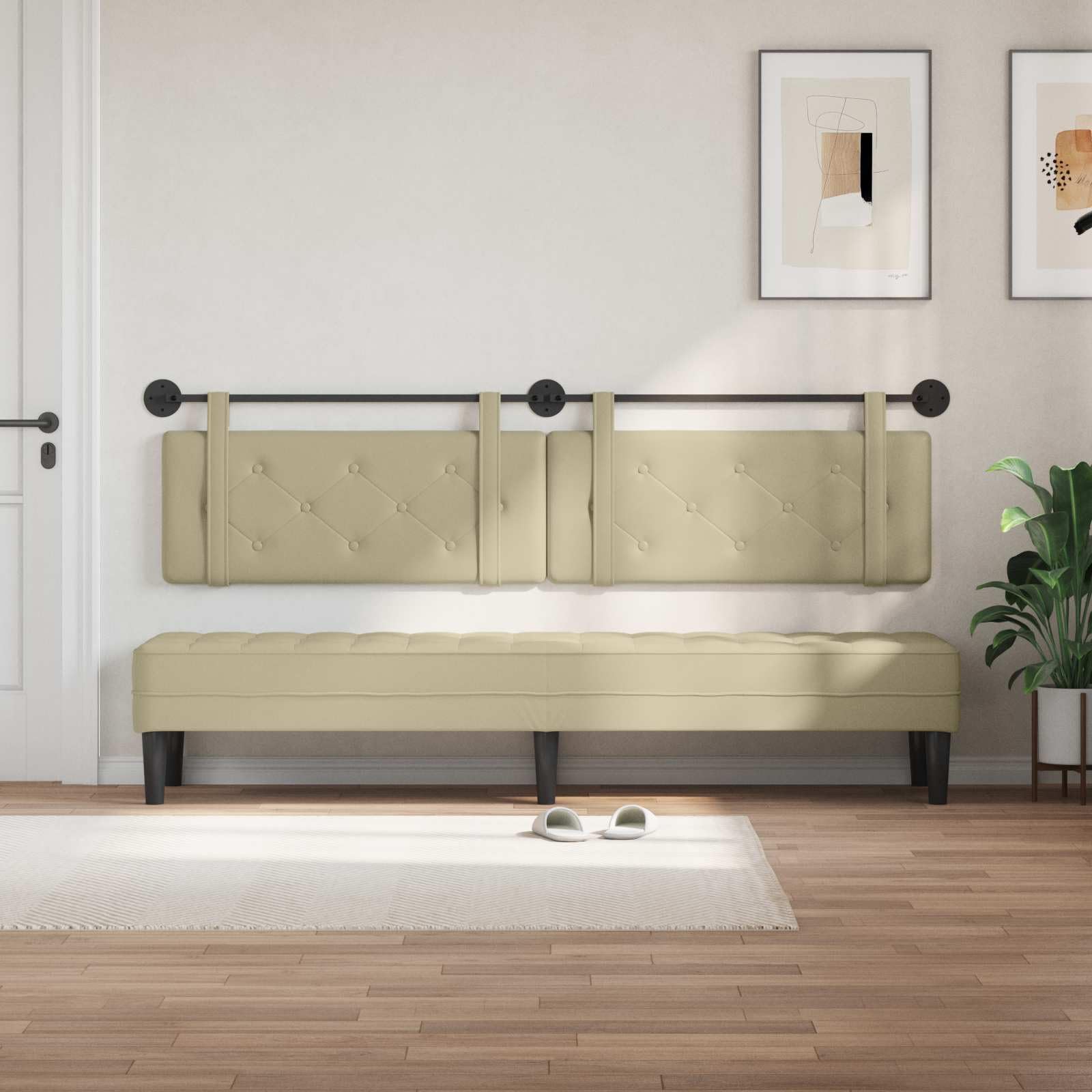 Wiszący zagłówek z kremowej sztucznej skóry z wyściółką piankową 210 x 55 x 5 cm, montaż na ścianie, zdejmowane paski, nowoczesny panel tapicerowany do sypialni, pokoju gościnnego, pokoju