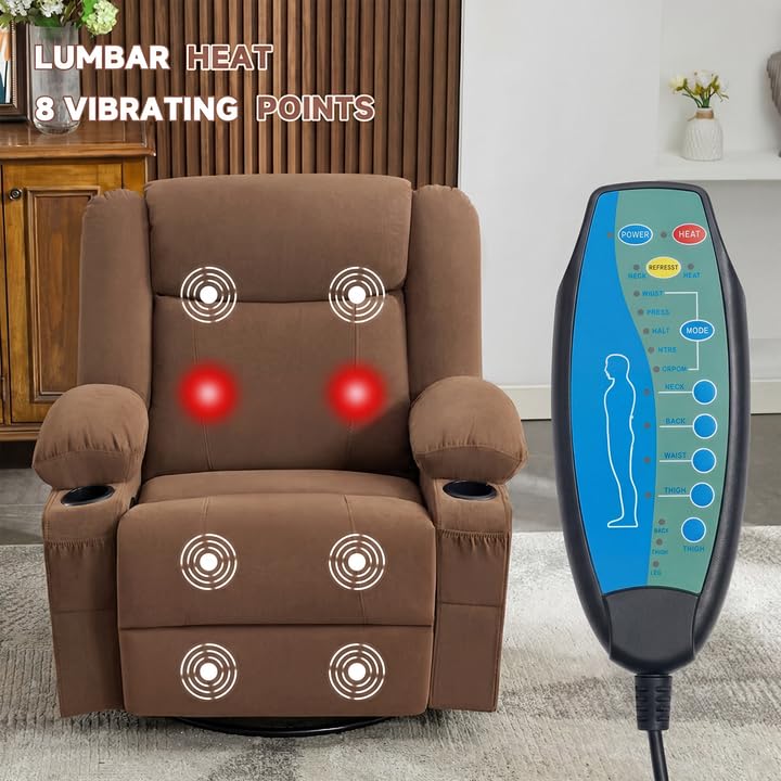 Image of Swivel Recliner Chair for Adults,Rocker Recliners with Vibration Massage and Lumbar Heat,Ergonomic Rocking Chair with Side Pocket,2 Cup Holders for Living Room