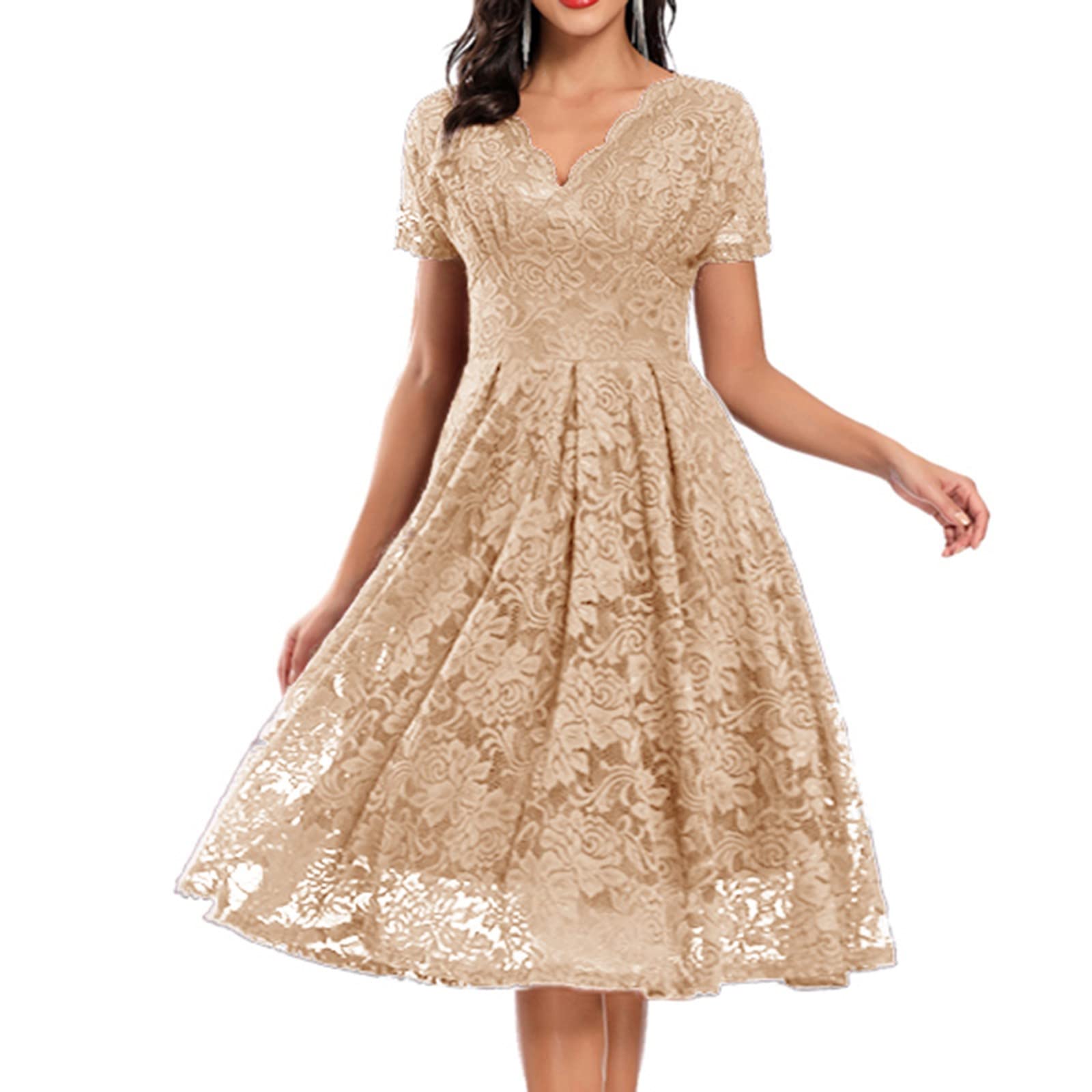 Spitzenkleid Damen V-Ausschnitt Midikleid Kurzarm Elegant