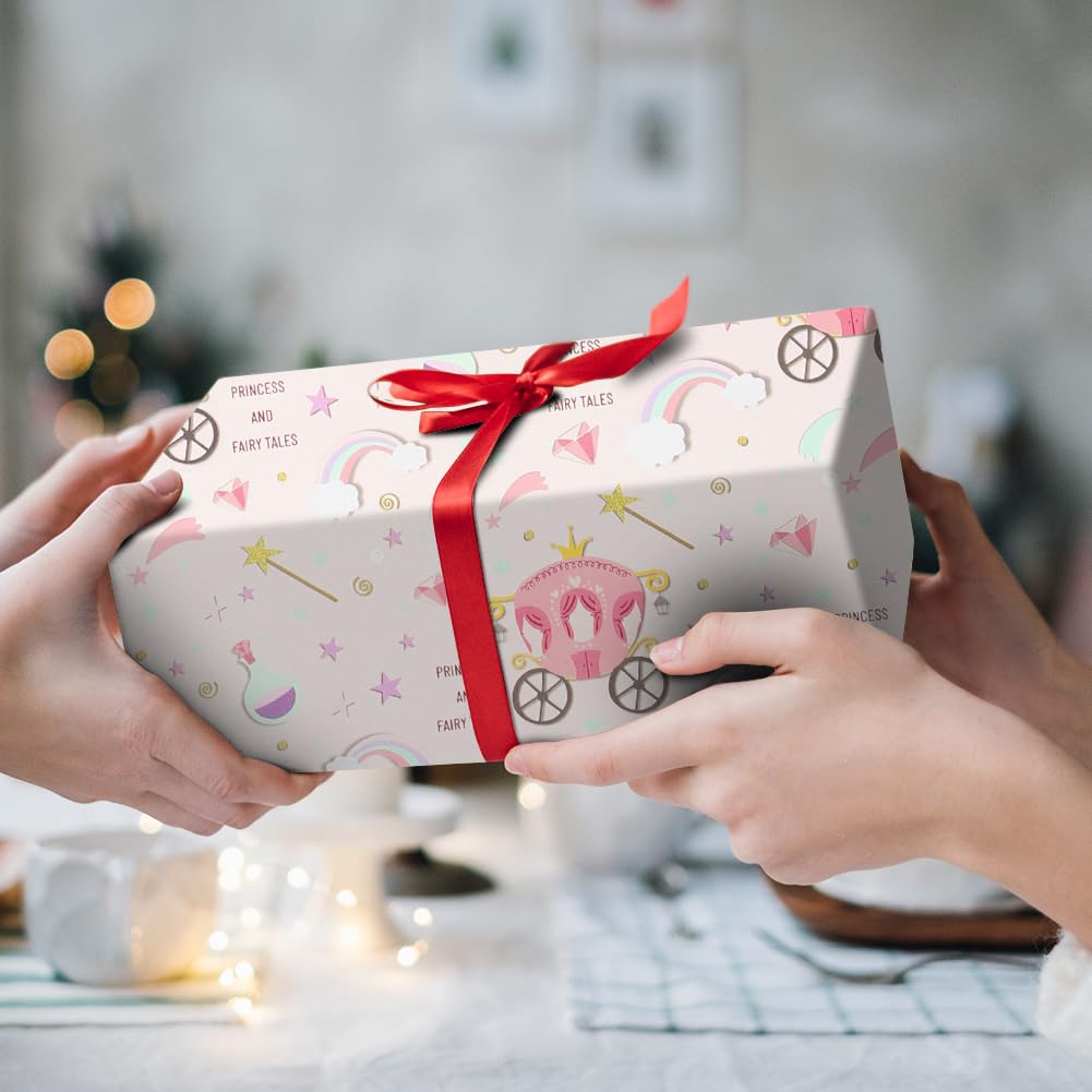 Roze cadeaupapier, 4 gevouwen vellen, kraftpapier, inpakpapier, kasteelkoets, sprookjes, prinsessencadeaupapier, 50 x 71 cm, voor meisje, vrouwen, verjaardagsfeest, babyshower, Kerstmis
