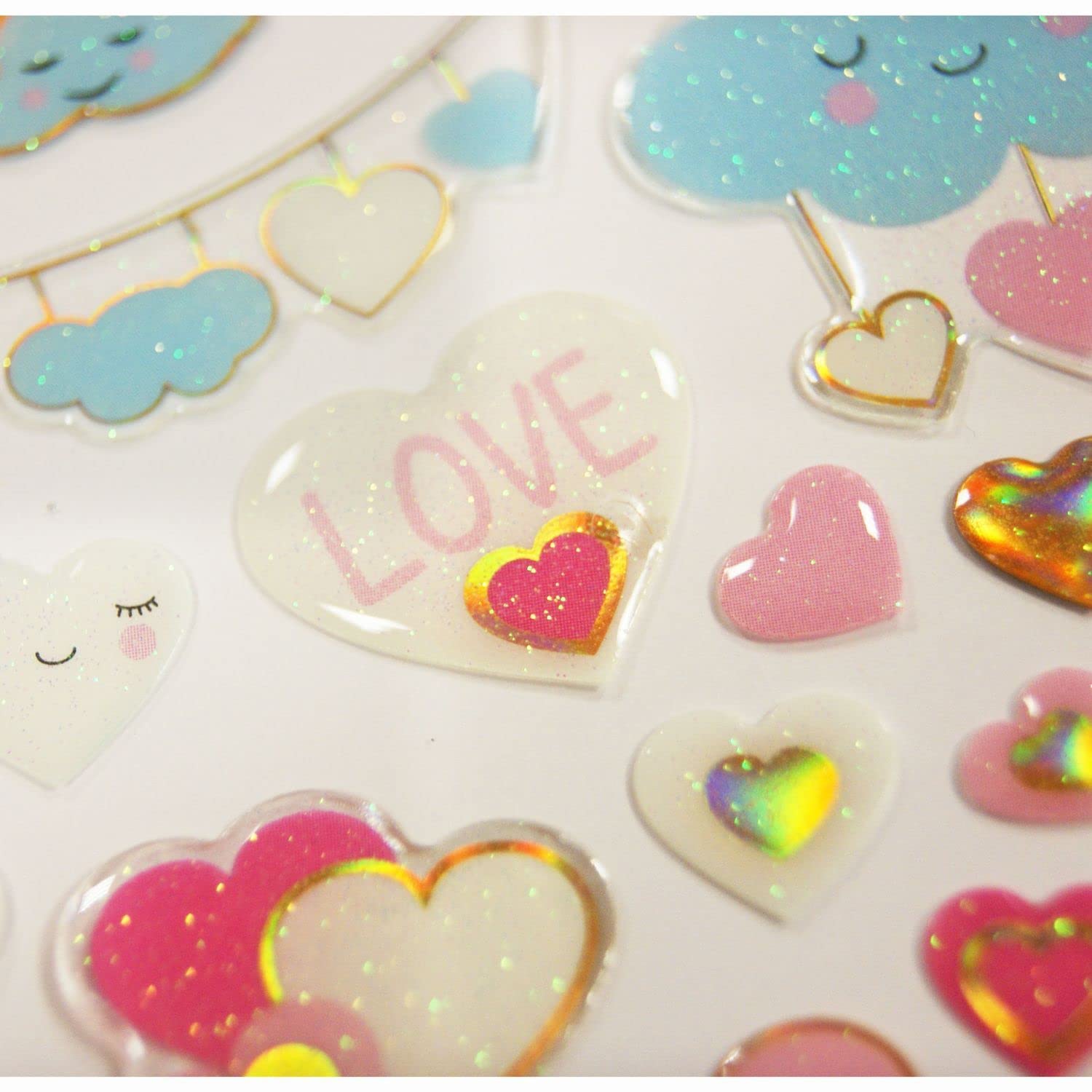 Pegatinas - Nubes y Corazones - Purpurina iridiscente - Epoxi