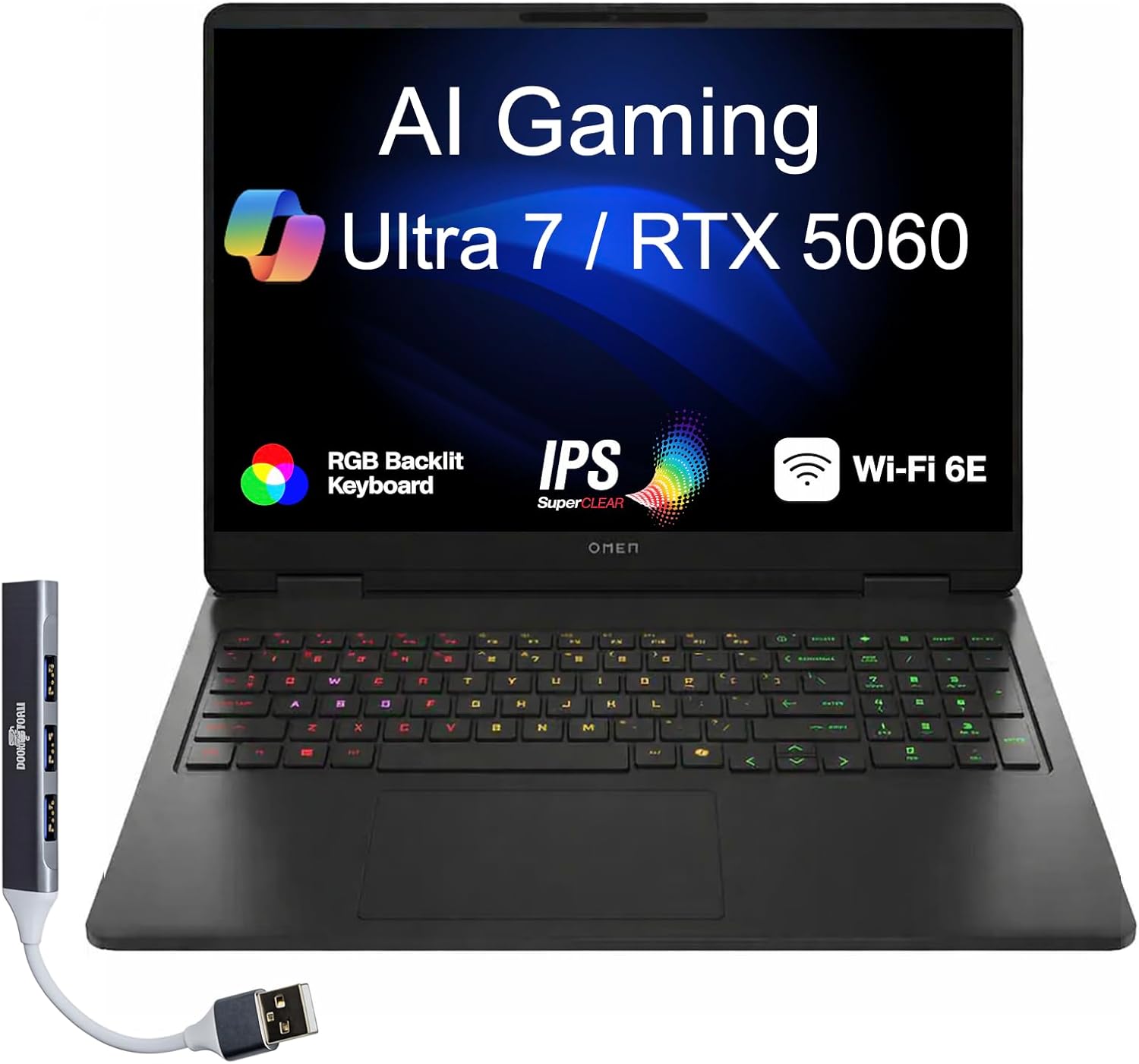 HP OMEN 16 Ultra Slim AI Gaming Laptop 16.0" 144Hz 2K Display (Intel Ultra 7-255H, GeForce RTX 5060 8GB, 16GB DDR5, 1TB PCIe SSD, 4-Zone RGB KB, WiFi 6E, Win 11 Pro) w/DKZ USB Port Expander