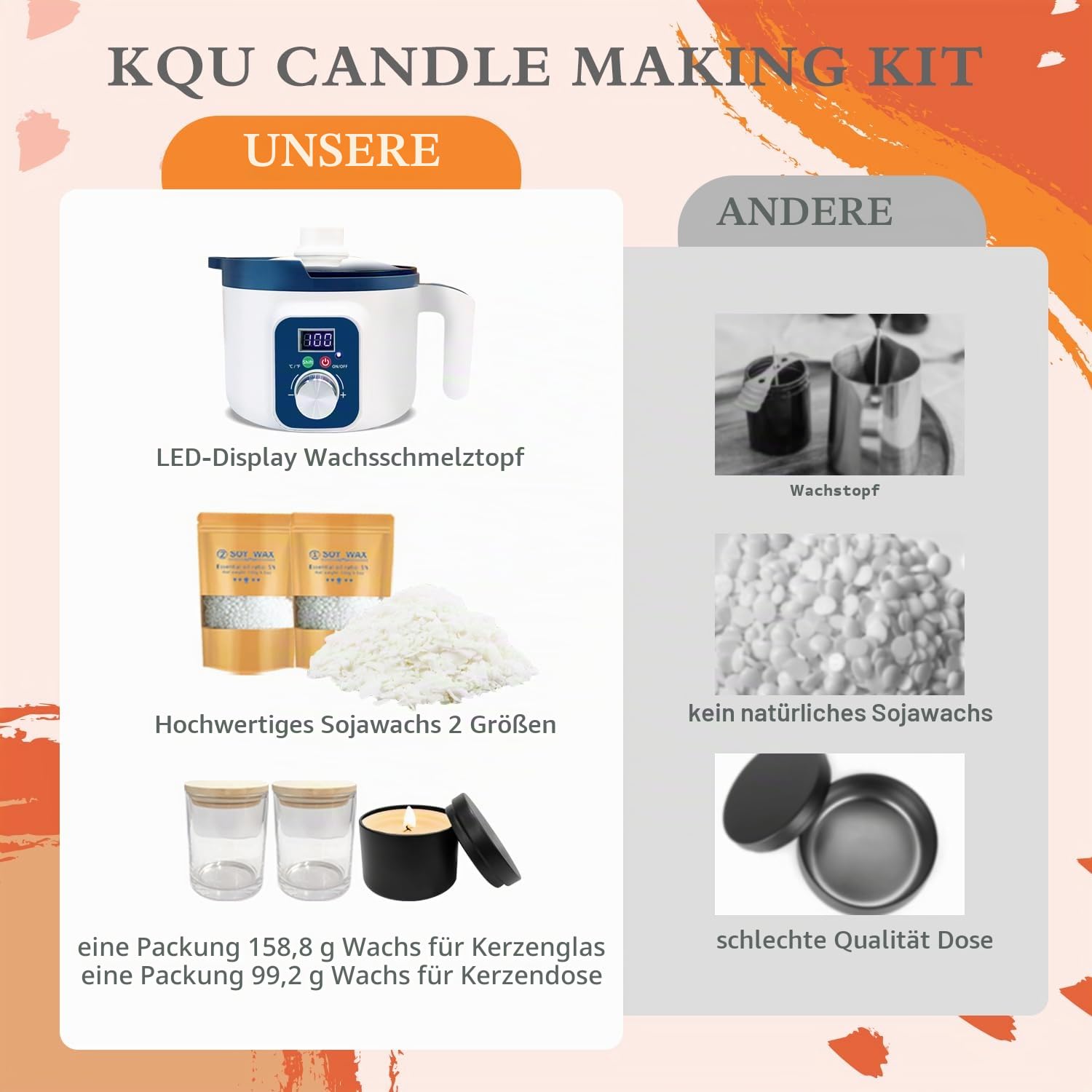 KQU Kerzen Set Selber Machen mit Digitalem Schmelzer, Komplettes Kerzengieß Starter Set für Kunst Und Handwerk, Soja Kerzen mit Duft Selber Machen