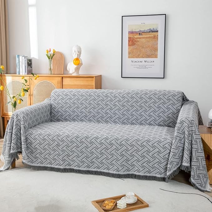 LHGOGO Sofa Überwurf aus Baumwolle | Waffle Jacquard Webart | Sofaüberwurf Decke als Couchbezug mit Fransen | Für Ecksofa, 2-Sitzer & als kuschelige Wohndecke, 180x230cm Hellgrau