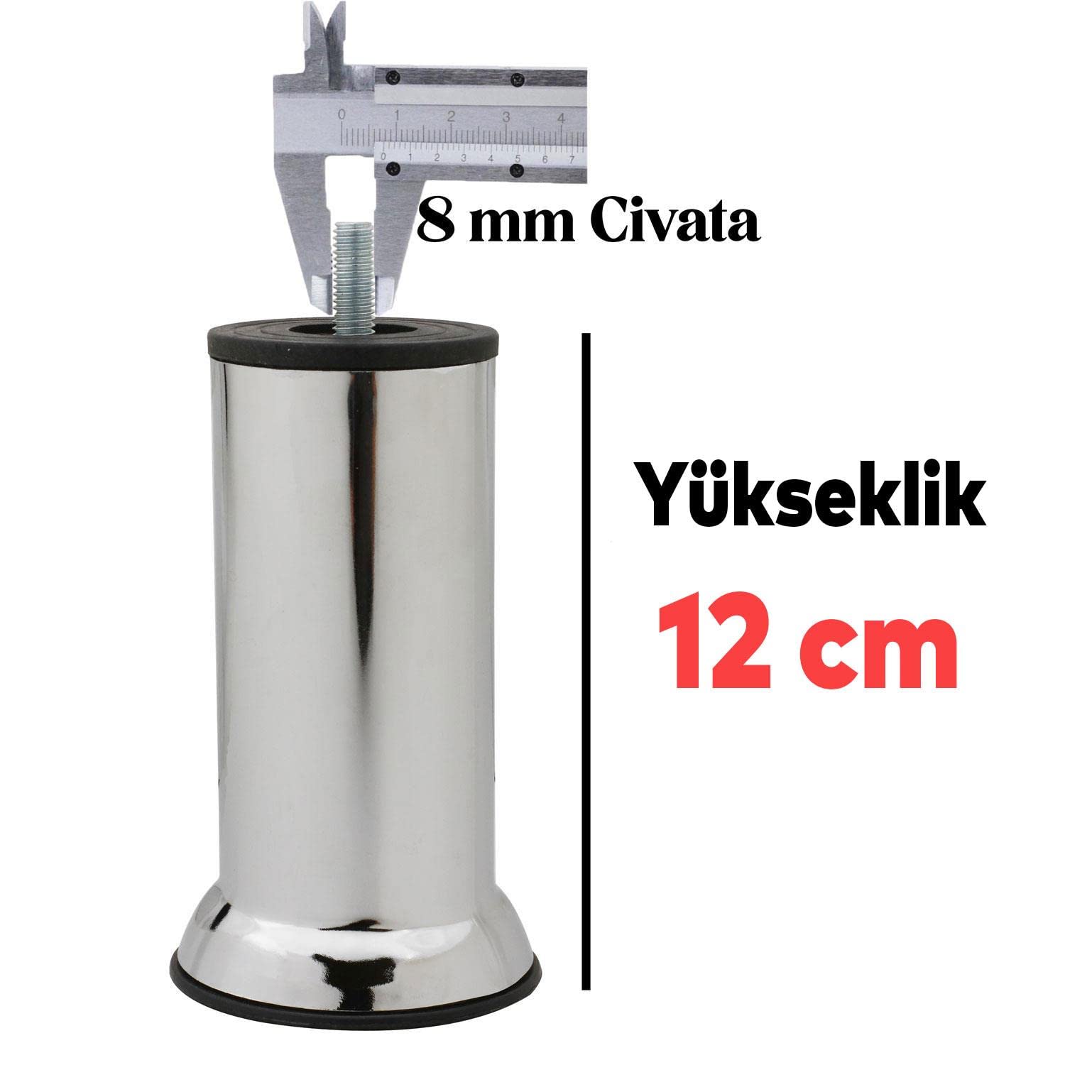 (12'li SET) Metal Mobilya Kanepe Koltuk Baza Yatak Çekyat Yükseltme Ayağı Ayakları M8 Civata Krom 12 Cm