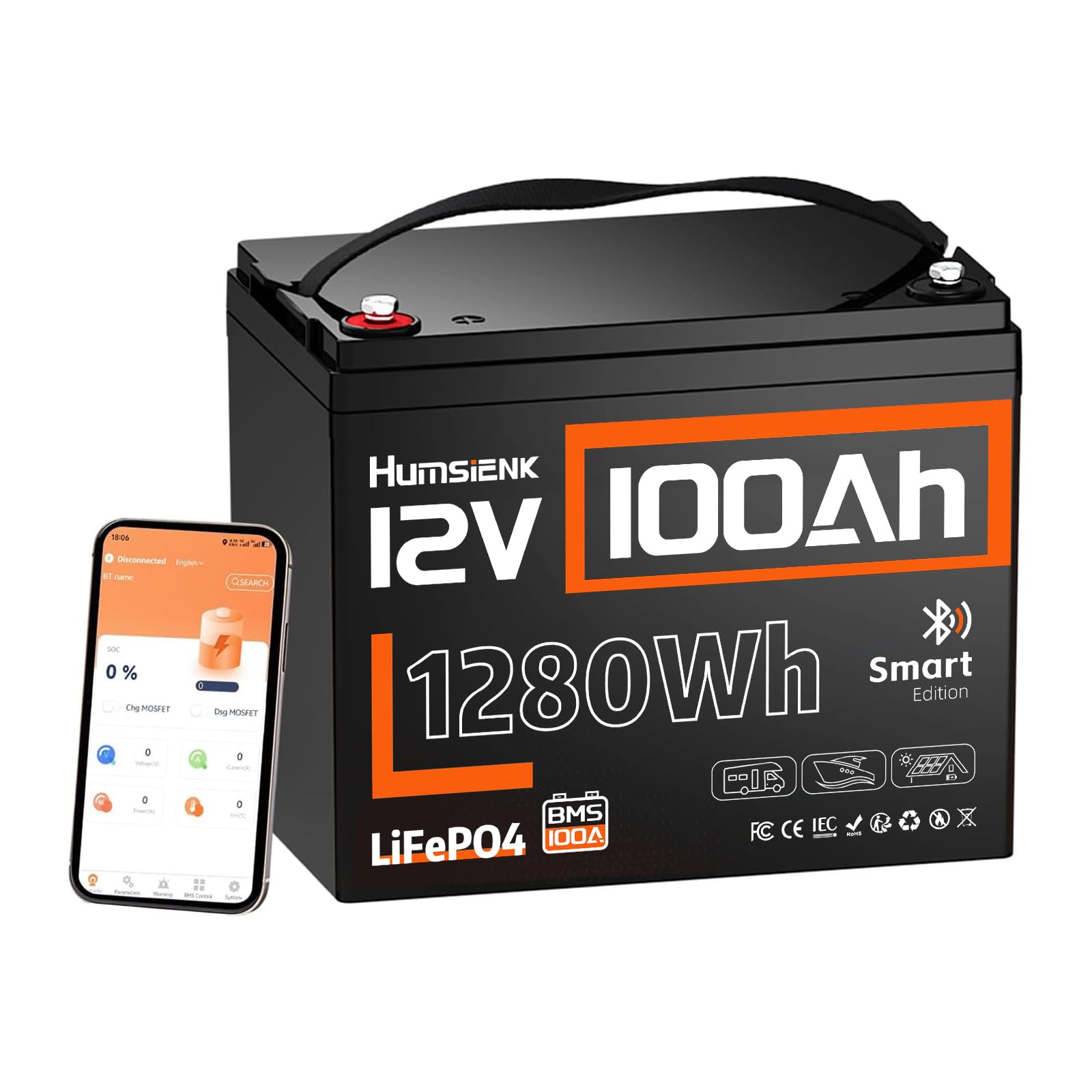 12V 100Ah LiFePO4 Lithium Battery Bluetooth - BCI Group 24 Deep Cycle Battery, Built-in 100A BMS & Low-Temp Protection, 15000+ Cycles, for RV/Marine/Trolling Motor/Off-Grid/Home Backup