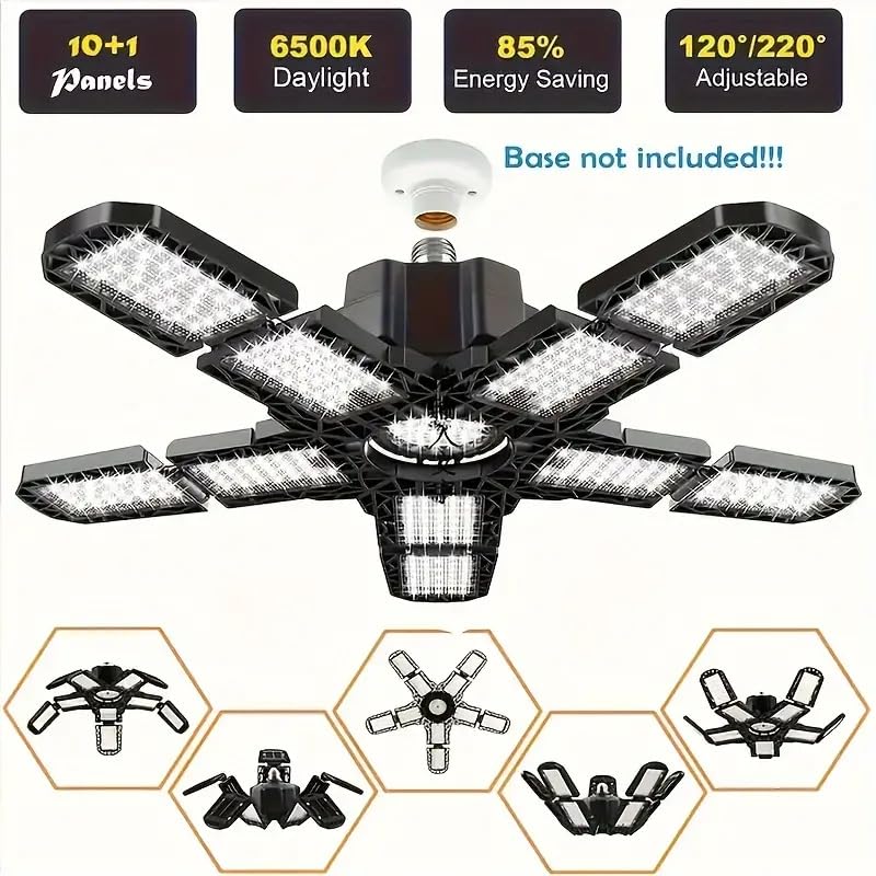 Image of 2 Packs LED Garage Light, Super Bright Screw in E26 /E27 Ceiling Shop Work Lamp, 260W 26000 Lumen Deformable Basement Bulb Fixture with 10+1 Adjustable Panels, Lighting for Workshop, Attic
