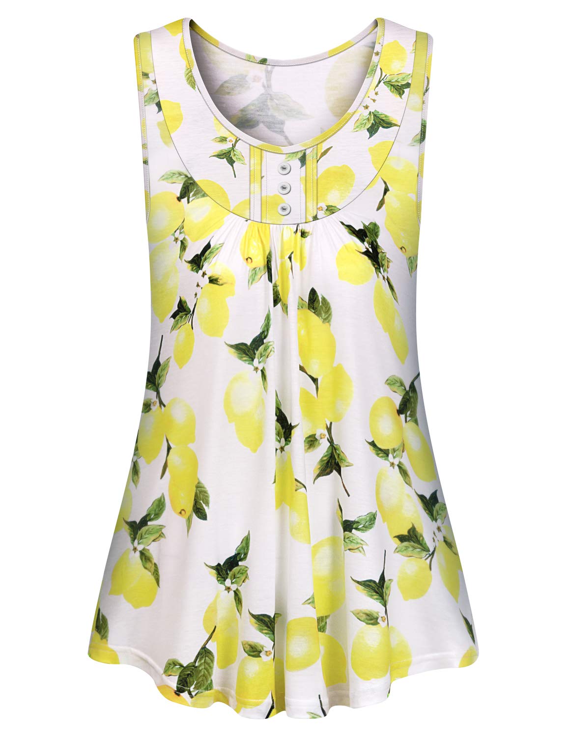 LURANEE Womens Casual Sleeveless Floral Tops Crew Neck Pleated Loose Tunic Shirt