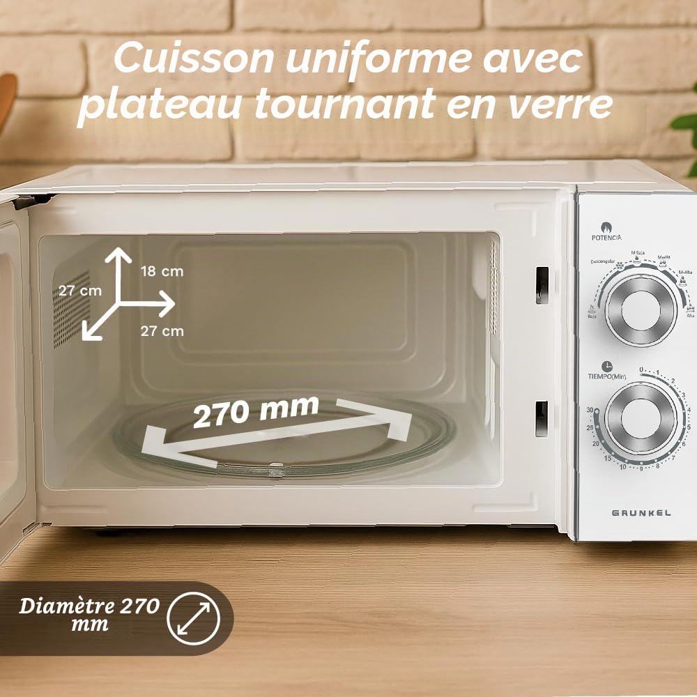 MG Micro-ondes sans grill 25 litres, 900 W 20MG 5-6 niveaux de puissance, 3 modes combinés, minuterie 30 min, ouverture avec poignée et plateau Ø245 mm (sans grill)