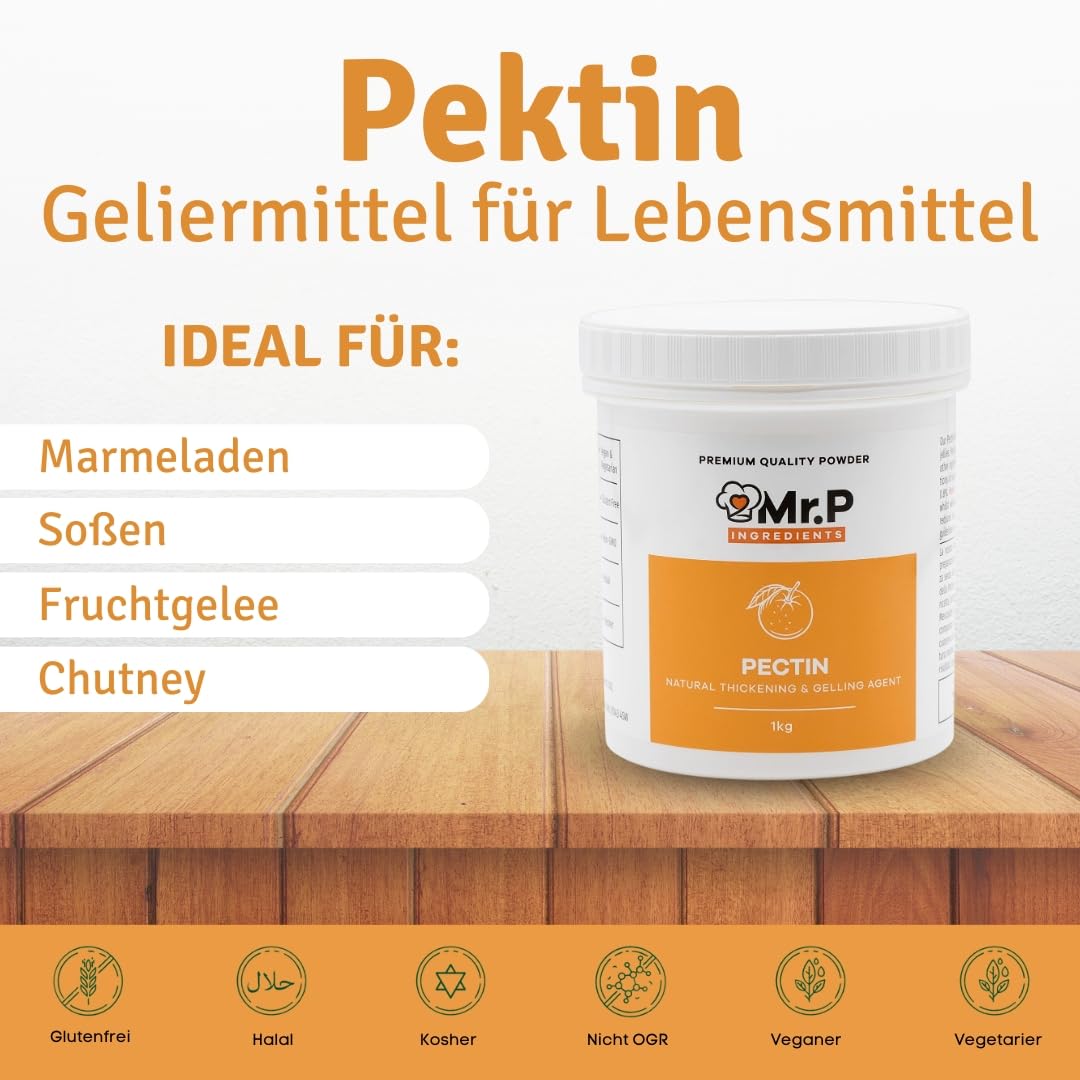 Mr.P Ingredients Pektin NH 1kg Glas, Apfelpektin, Natürliches Lebensmittel-Verdickungsmittel, Stabilisator für Fruchtaufstrich, Pektin für Marmelade, Gelatine, Vegan, Glutenfrei, Ohne GV