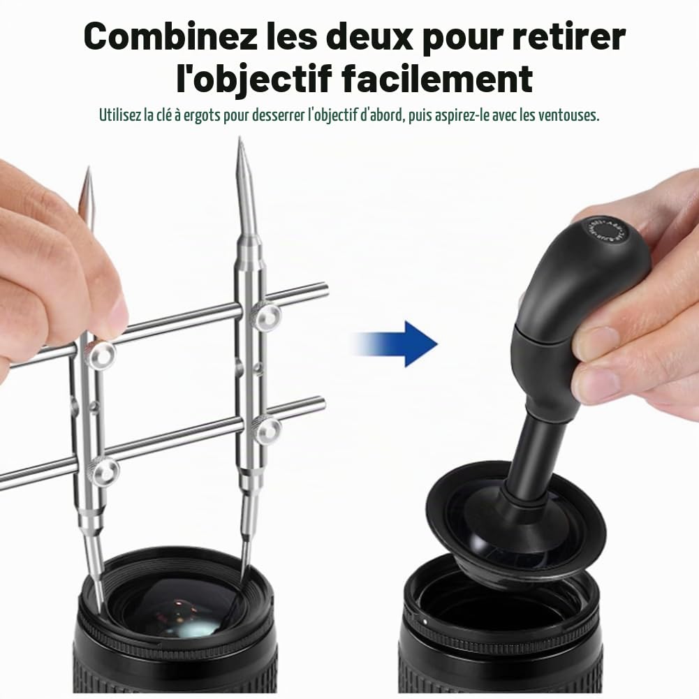Ensemble de Ventouse et Clé à Lentille avec 7 Ventouses Interchangeables et Embouts Incurvés