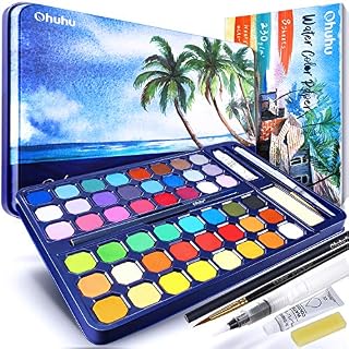 Ohuhu Watercolour Paint Set Art Supplies 48 Colours Water Colour Paints with Water Brush Pen Pencil Watercolour Paper - Portable Pigment Gouache Paint Travel Kit for Artists Kids Adults Painting