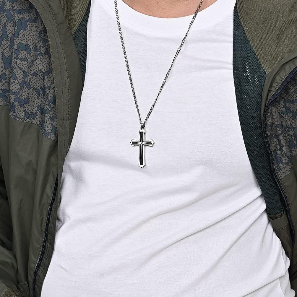 JO WISDOM Cross Necklace 316L Stainless Steel Titanium Steel Cross Crucifix Pendant Cross Black and Silver Religious Jewelry for Men and Women with Pearl Chain - Image 2