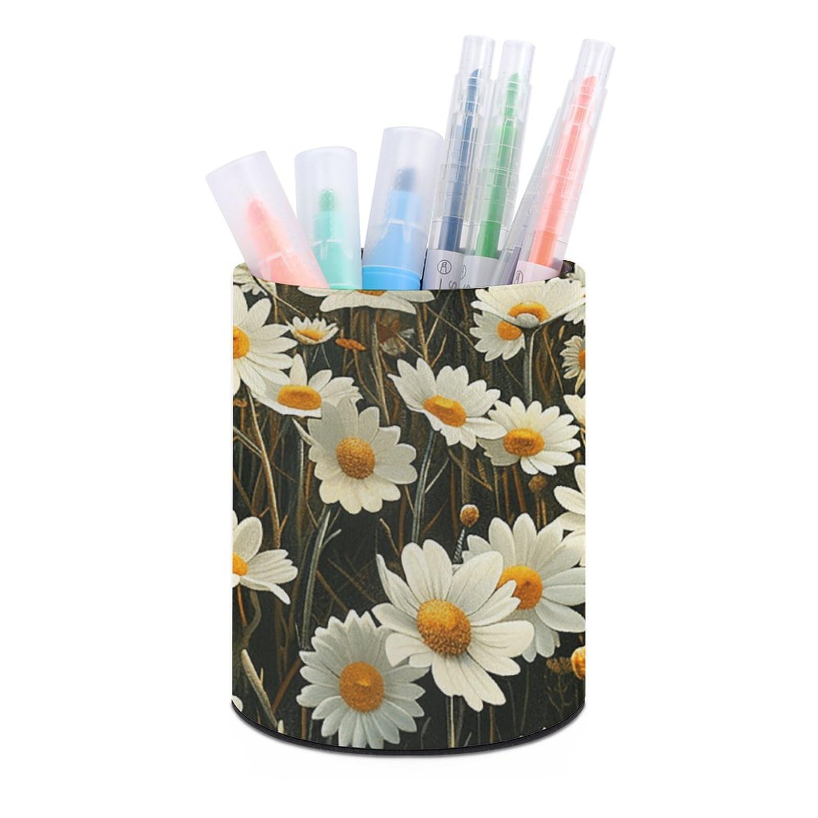 KLOPH PU Leather Pen Holder for Desk, Aesthetic Pencil Cup for Desktop, Makeup Brush Srotage for PenOrganizer Office Supplies, Large White Daisies Pen Cup Pencil Caddy for Home Art Supply