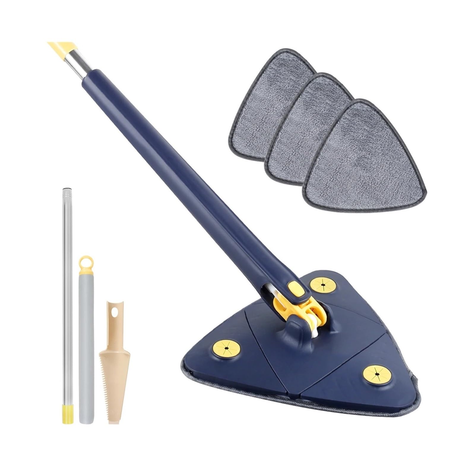 Fregona Triangular retráctil, giratoria 360°, Plegable, 130 cm(Blue and 3pcs Cloth)