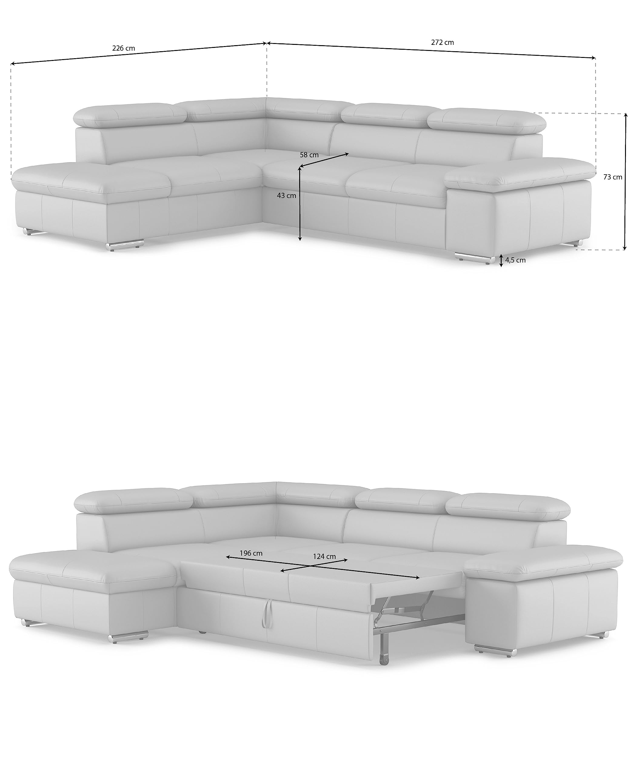 CAVADORE Valerie Canapé-lit en Cuir véritable avec méridienne/Canapé d'angle avec Fonction lit + tête de lit réglable / 272 x 73 x 226 cm/Cuir Noir