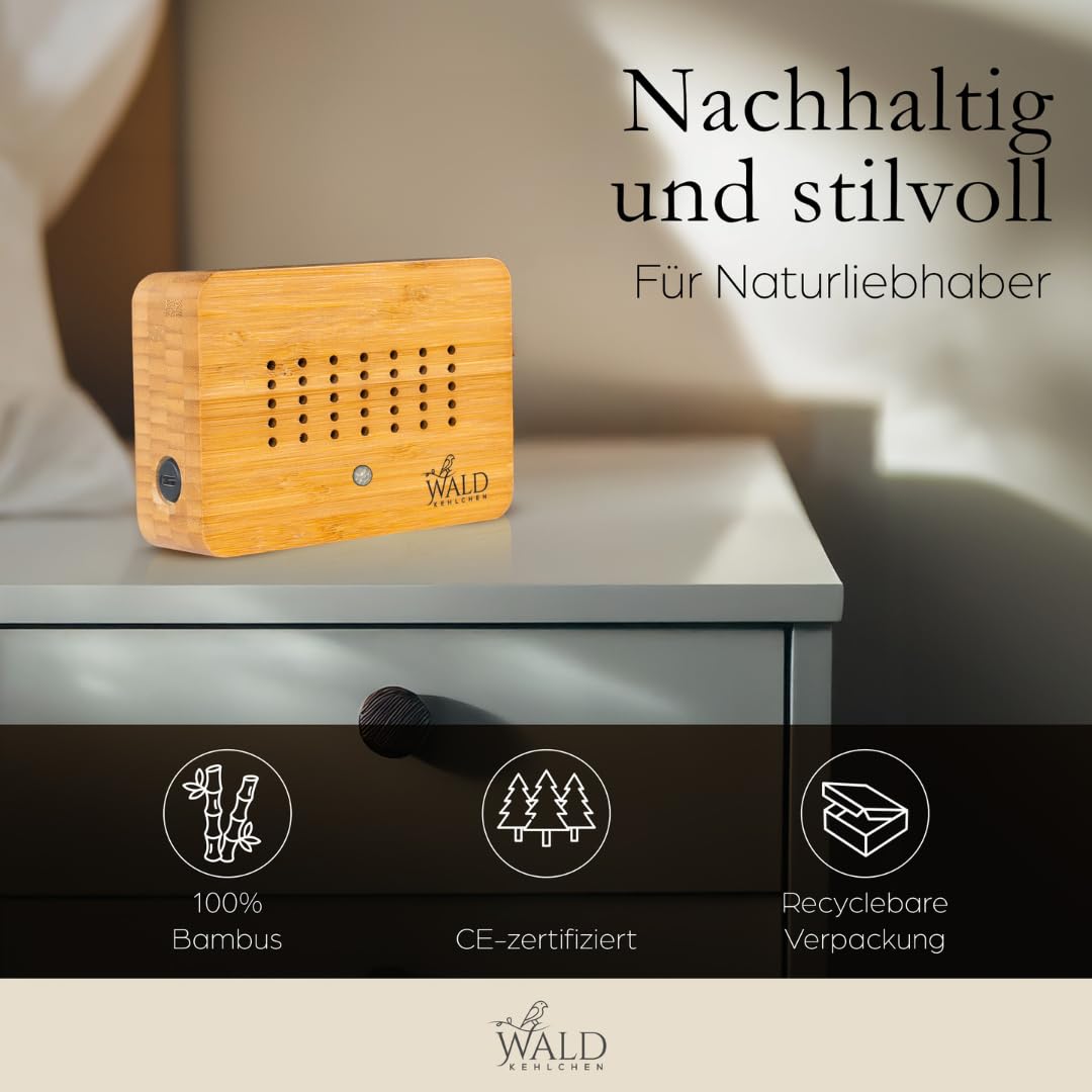 Premium Vogelgezwitscher Box aus echtem Voll-Bambus Vollholz – Hochwertige Soundbox mit Naturgeräuschen, Bewegungsmelder & Nachtlicht