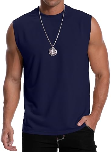 MLANM Men's Vests Sleeveless Round Neck Rolled Up Casual Tank Top Loose Tank Top Lightweight Muscle Gym Summer Workout T-Shirt - XL - Navy Blue