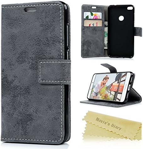 Mavis's Diary Huawei P8 Lite 2017 Case ,P8 Lite Flip Case (2017 Model) - Chic Retro Wallet PU Leather Flip Cover Silicone Rubber Back Holder Case Magnetic Closure Card Slots & Stand - Grey (Not for 2015 Model)