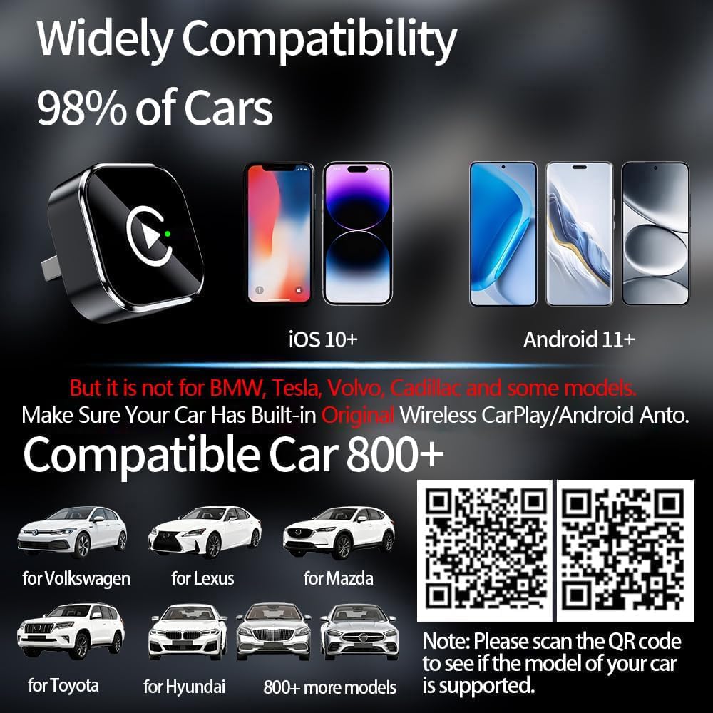 2 en 1 Adaptador CarPlay Inalámbrico, CarPlay Cableado a Inalámbrico, para Coches con CarPlay/Android Auto, para iPhone iOS 10+ & Android 11+, Compacto y Estable Bluetooth Car Play Wireless Adapter — view 2