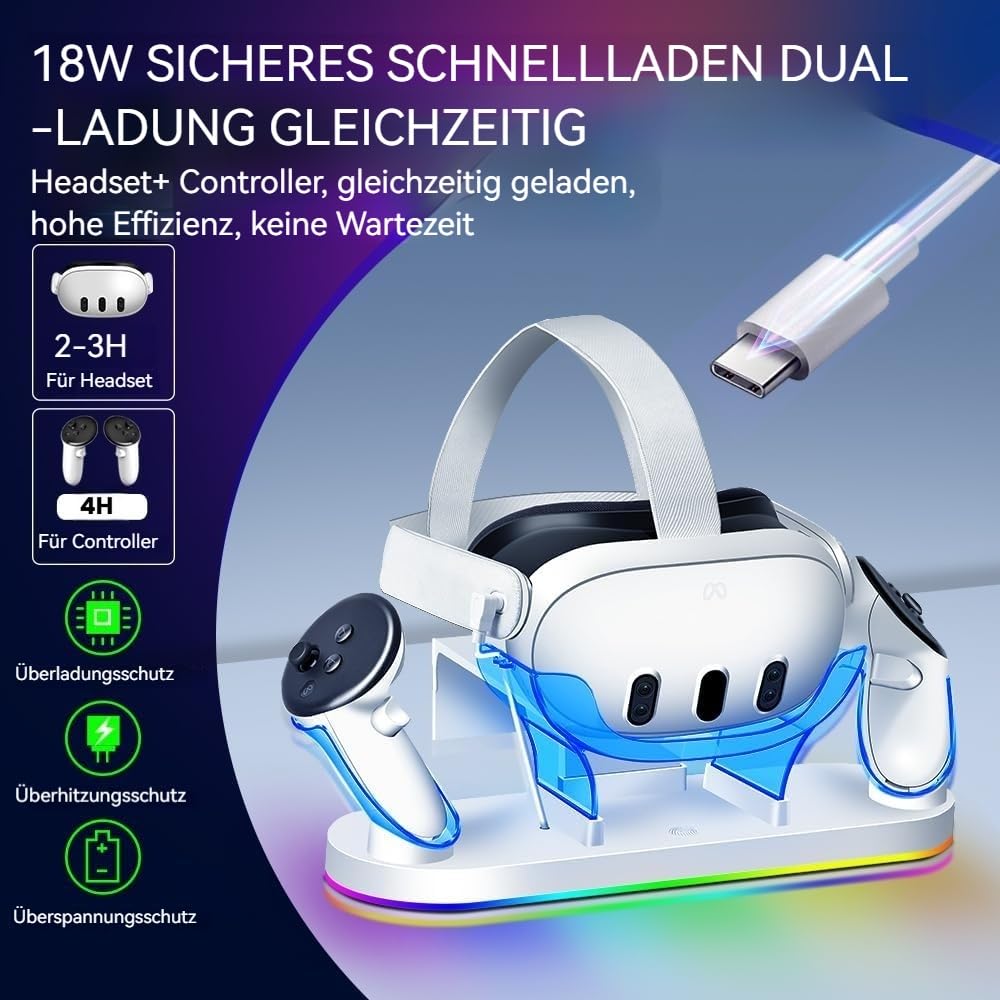 Ladebasis für Meta Quest 3/3S, 18W Schnellladegerät mit 2 wiederaufladbaren Akkus, 8 LED-Beleuchtungsmodi, USB-C Ladezubehör, Kompatibel mit Elite-Kopfgurt und Akkugurt
