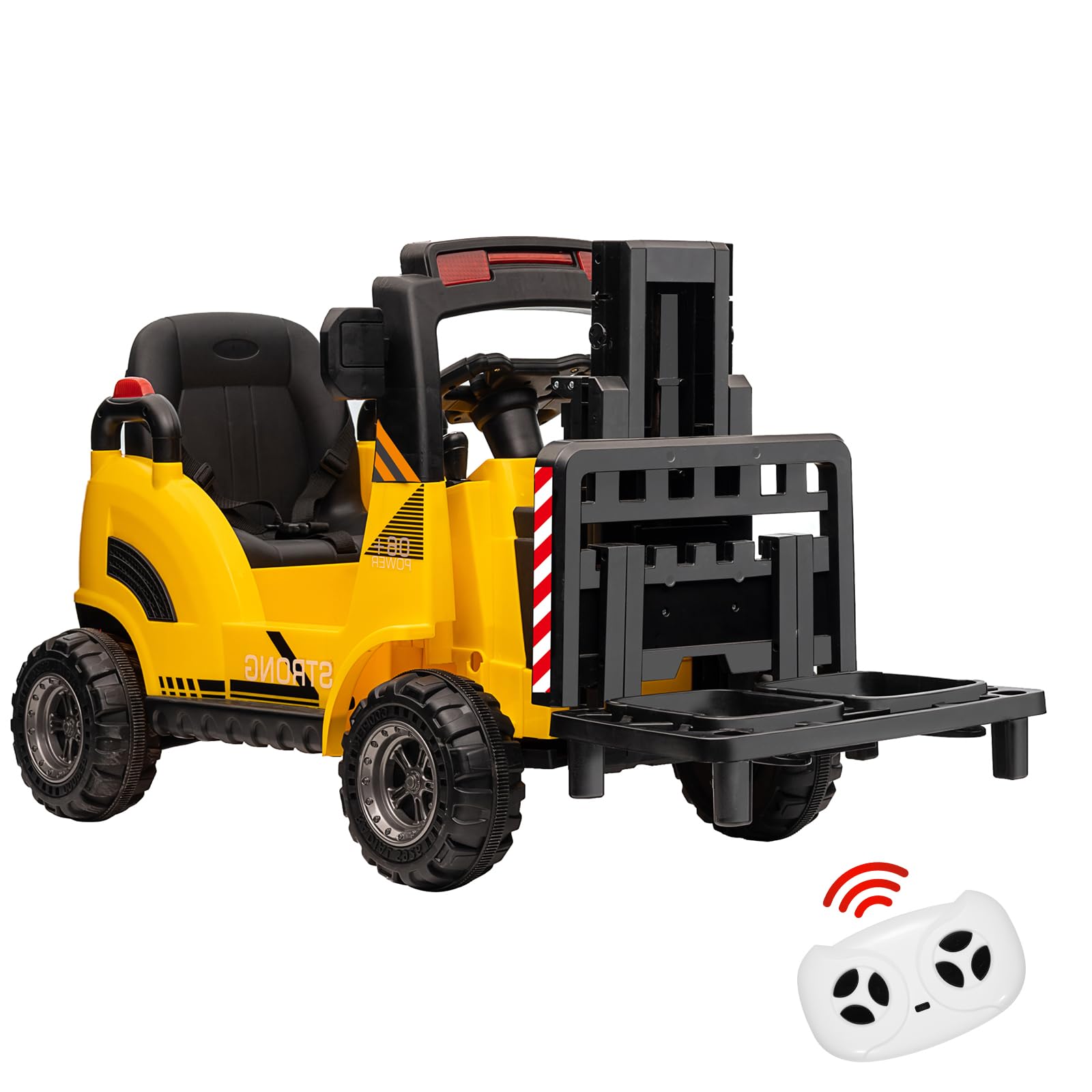 12V Kids Ride On Forklift Car, Electric Construction Car with Remote Control, Liftable Fork & Pallet, Low-Power Alarm, Music Ride On Toy for Kids, Yellow