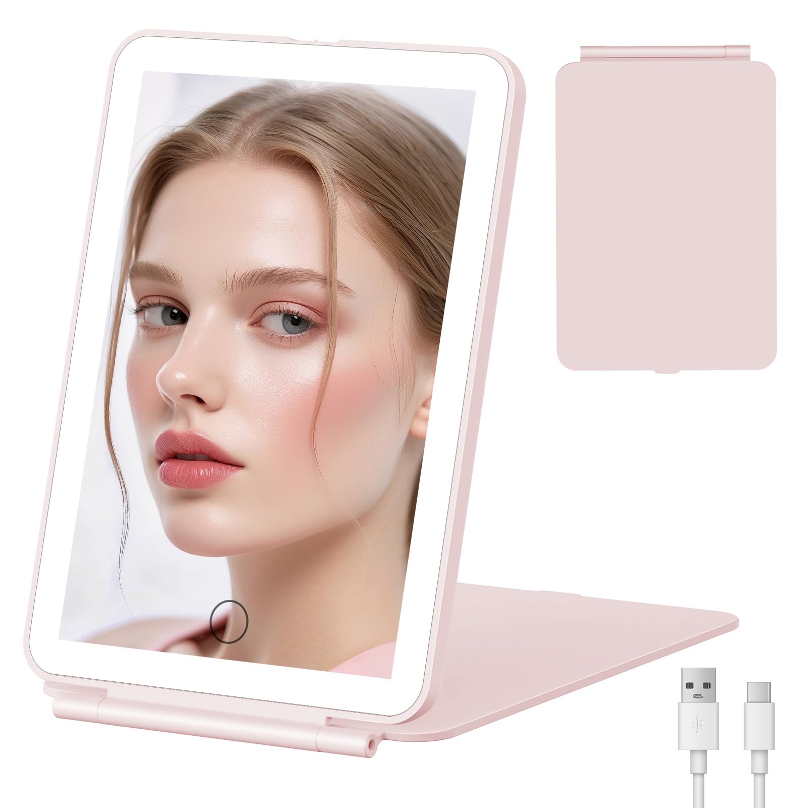 FUNTOUCH Rechargeable Makeup Mirror with Led Lights, Portable Lighted Beauty Mirror, 3 Color Lighting, Dimmable Touch Screen (Pink)