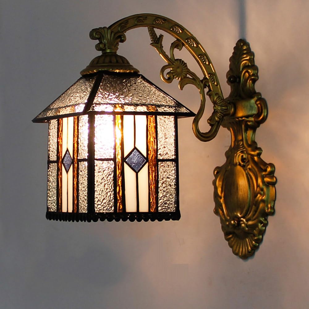 Mengjay Wall Lamp,Wall Lamp with Stained Glass Shade and Metal Frame, Vintage Wall Sconces for Indoor Living Room Corridor Stairs Hallway