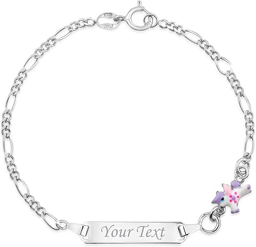 UNICORNJ 925 Italy Sterling Silver Child or Baby Name Bracelet Girls Boys, Personalized Engraved Kids ID Bracelets, 6.5" Figaro Chain, Enamel Charm