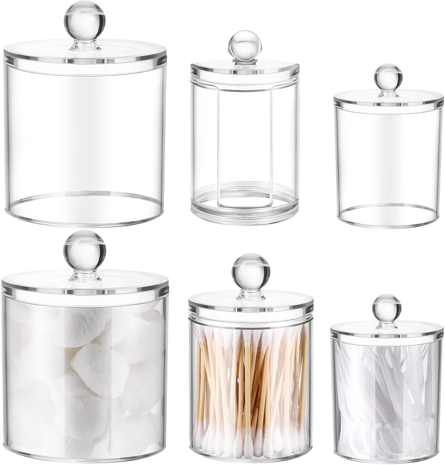 Meanplan Plastic Apothecary Jars with Lids Acrylic Holder Dispenser for Bathroom, 10/22/39 oz Clear Plastic Storage Jars Floss Container for Swab Cotton Ball, 3 Sizes(6 Pack,Acrylic Lid)