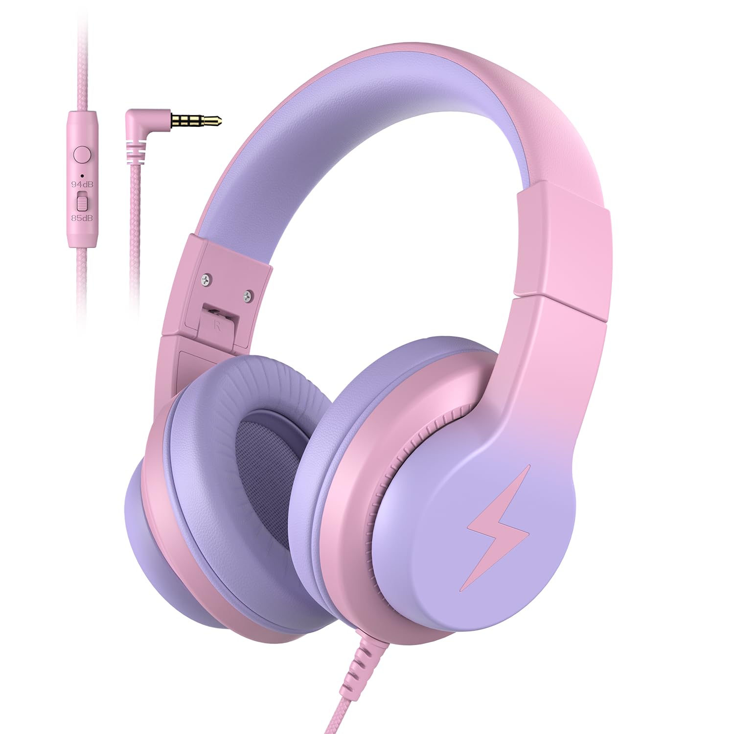 Candy Bila Cuffie cablate per bambini con microfono, limitatore di volume 85/94 dB, per ragazze e ragazzi, viola chiaro