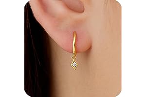 Women's S925 Sterling Silver Gold Dangle Huggie Earrings with Rhombus Charm