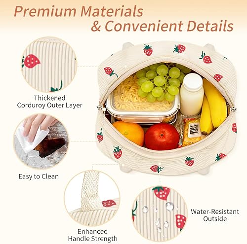 Miniatura 4 de Coobiiya Bolsa de almuerzo para mujeres y hombres, lindas bolsas tipo tote de almuerzo de pana aisladas reutilizables, caja de almuerzo de gran Pana