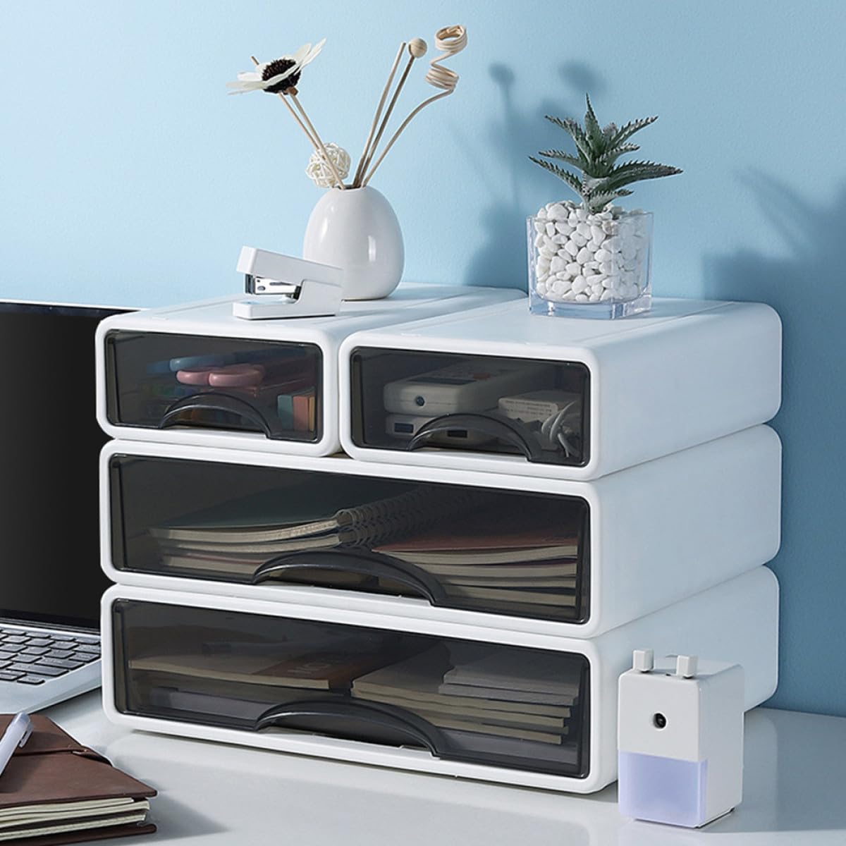 Alipis Organizador de Escritorio Cajones de Pp Blanco Apilable | Oficina y Mesa, Diseño Ranura, Almacenamiento para Accesorios y Maquillaje
