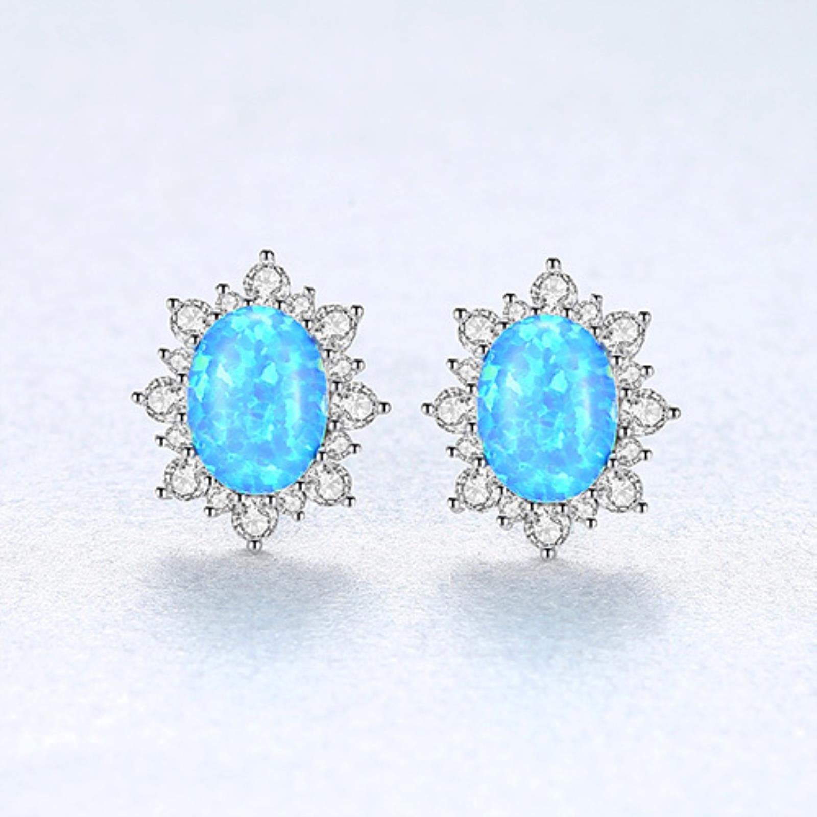 Salan Women's Blue 925 Sterling Silver Oval Stud Earrings For Exquisite Shiny Cz Flower Opal Three Colors Jewelry Gifts