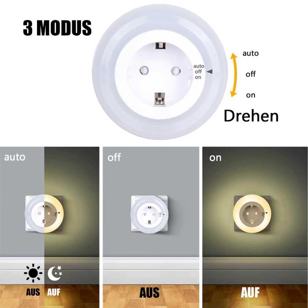 emotionlite Nachtlicht Steckdose mit Dämmerungssensor,LED Nachtlampe Kinder Schutzsteckdose mit Helligkeitssensor, Auto/OFF/ON mit Lichtsensor 3 Helligkeit Einstellbar, warmweiß 2700K (3 Stück)