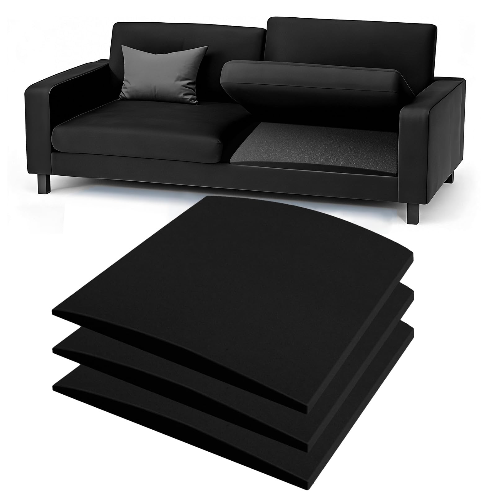 Scettar Confezione da 3 cuscini per divano per sedile cedente, 55 x 55 cm, pannelli di supporto per divano, in schiuma ad alta densità, colore nero, per riparare sotto il cuscino
