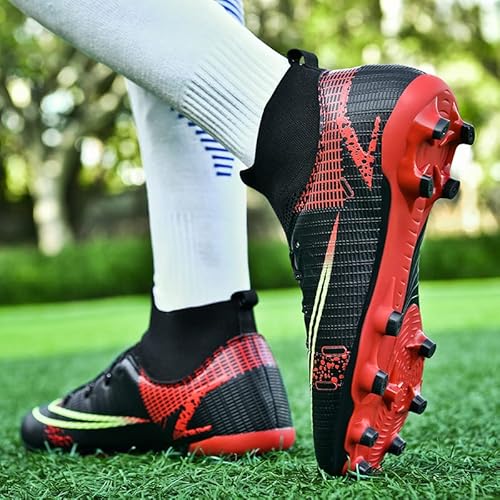 Liuliulife Soccer Cleats Mens Football Team Turf Lightweight Running Outdoor Comfortable Training Football Shoes For Boys High Top Soccer Shoes Men Black-Red #TOP5