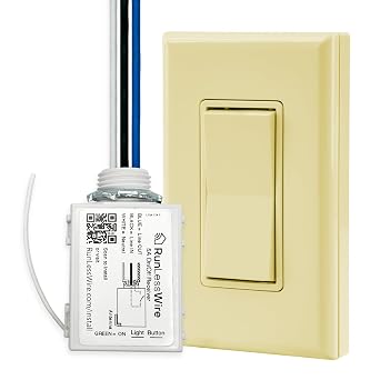 RunLessWire Single Pole Battery-Free DIY Wireless Light Switch Kit 150ft RF Range Self-Powered by Kinetic Energy for Fixtures & Outlets 1 Remote Switch Controls 1 5A On/Off Receiver Ivory