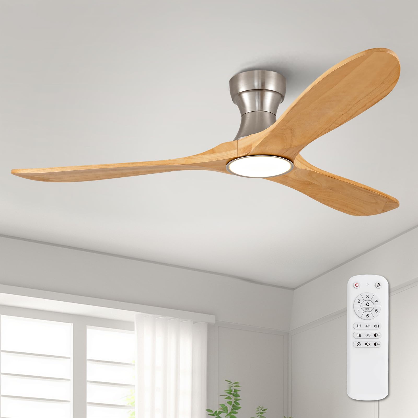 52 Inch Wood Flush Mount Ceiling Fans with Lights and Remote, Dimmable 3 Blade Wood Bedroom Ceiling Fan with Lights Low Profile Ceiling Fans with Light Outdoor Ceiling Fan for Patios Bedroom