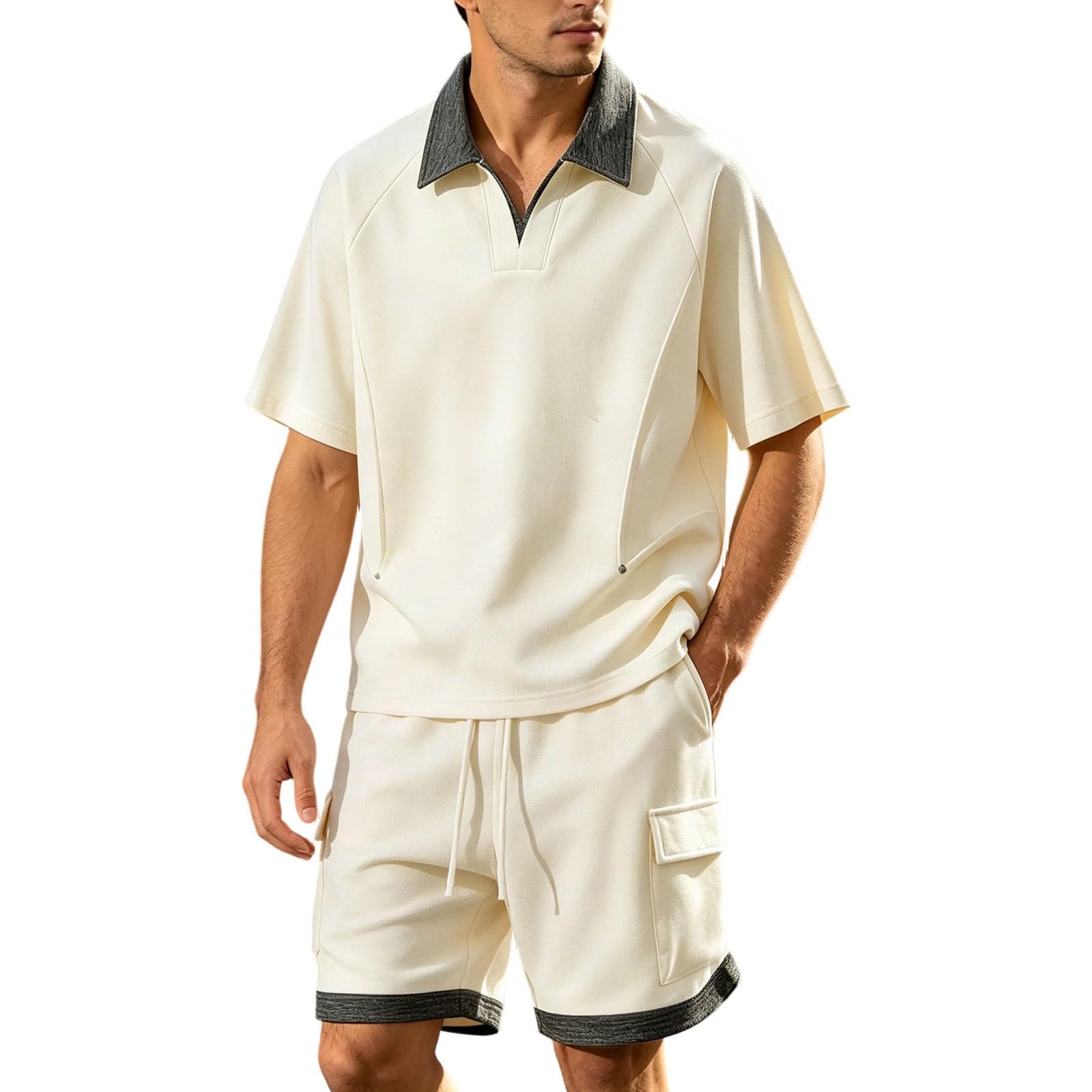 Tuta da jogging da uomo, due pezzi, polo e pantaloncini, con coulisse, estiva, per il tempo libero, abbigliamento sportivo, con risvolto, tuta da allenamento per attività all'aperto