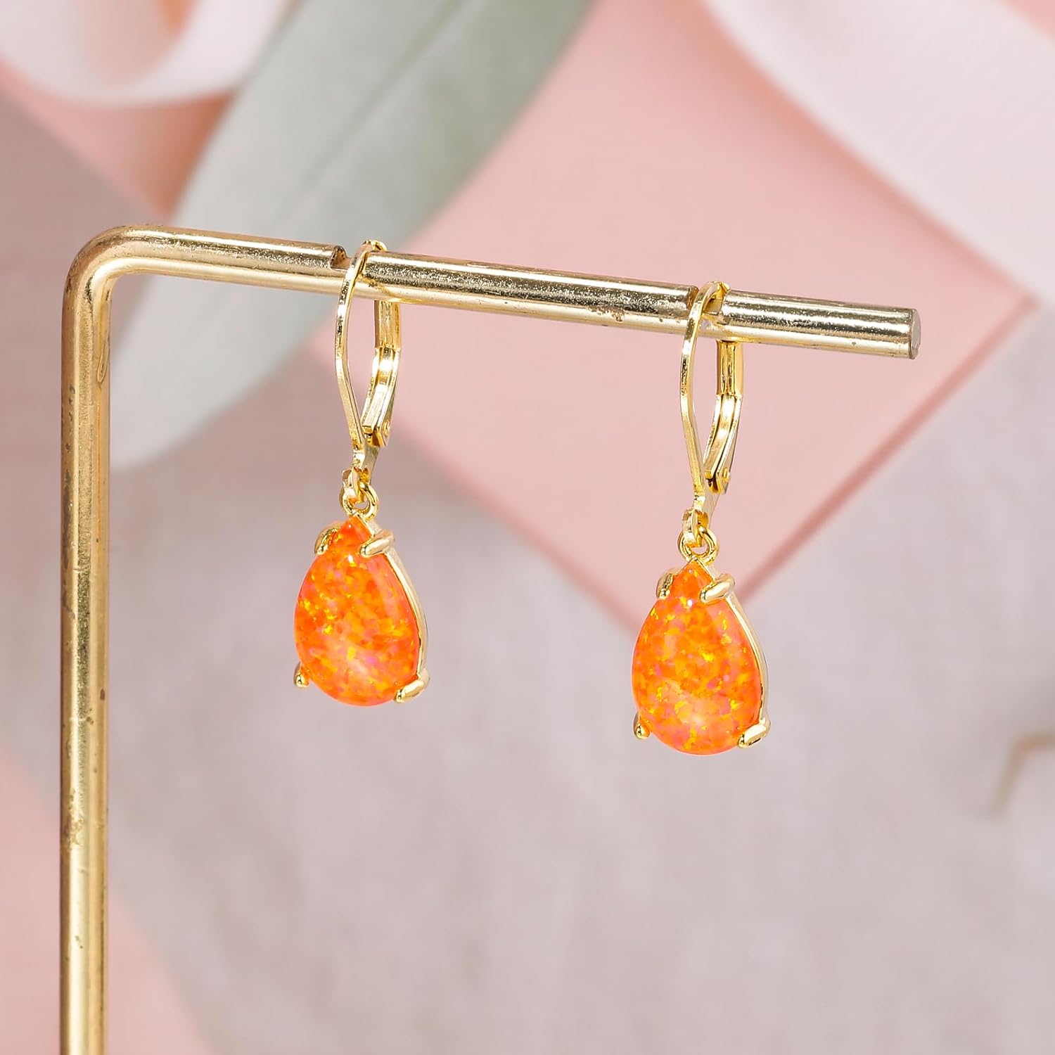 CiNily Teardrop Leverback Dangle Earrings for Women Hypoallergenic Created Fire Opal Pendant Drop Earrings 14K White/Rose/Gold Hanging Lever Earrings Fashion Graduation Party Jewelry Gifts - Image 4