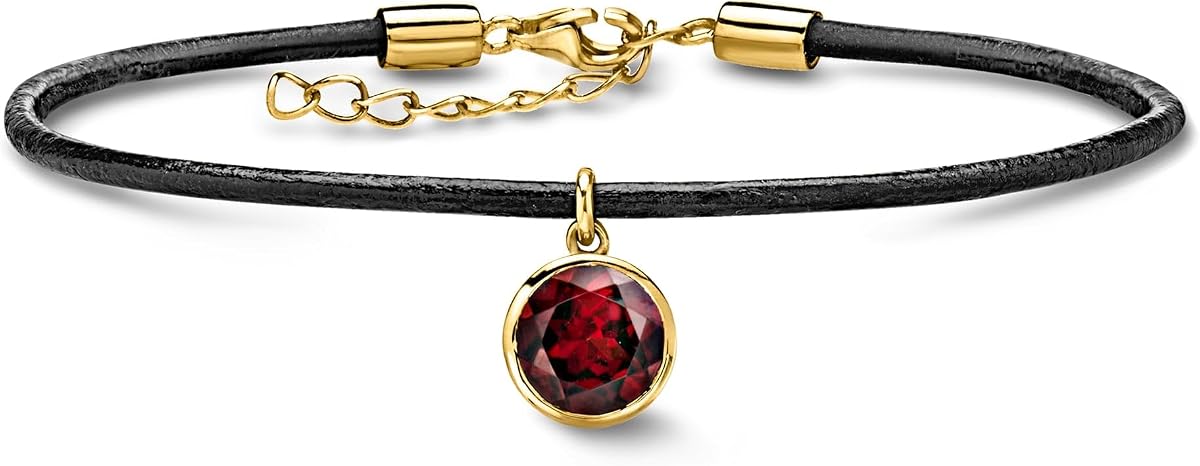 Pulsera de granate de 2,10 quilates con cordón de cuero negro y oro de 18 quilates sobre plata de ley. 7 pulgadas