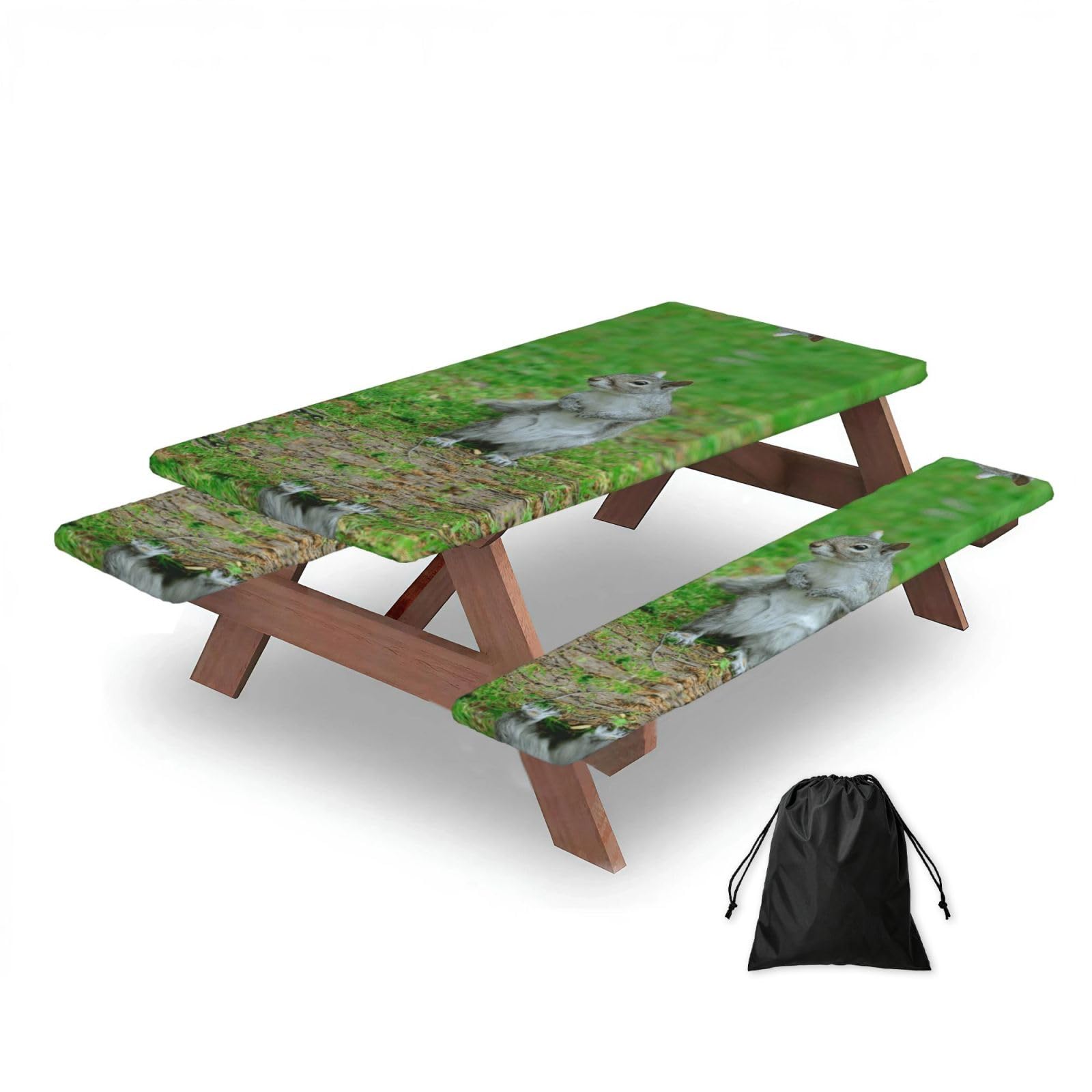 ESNAIUVCD Squirrel Print Picnic Table Cover With Bench Covers,Camping Essentials,Fitted Tablecloth Cover With Elastic Edge, For Indoor & Outdoor 3 Pcs