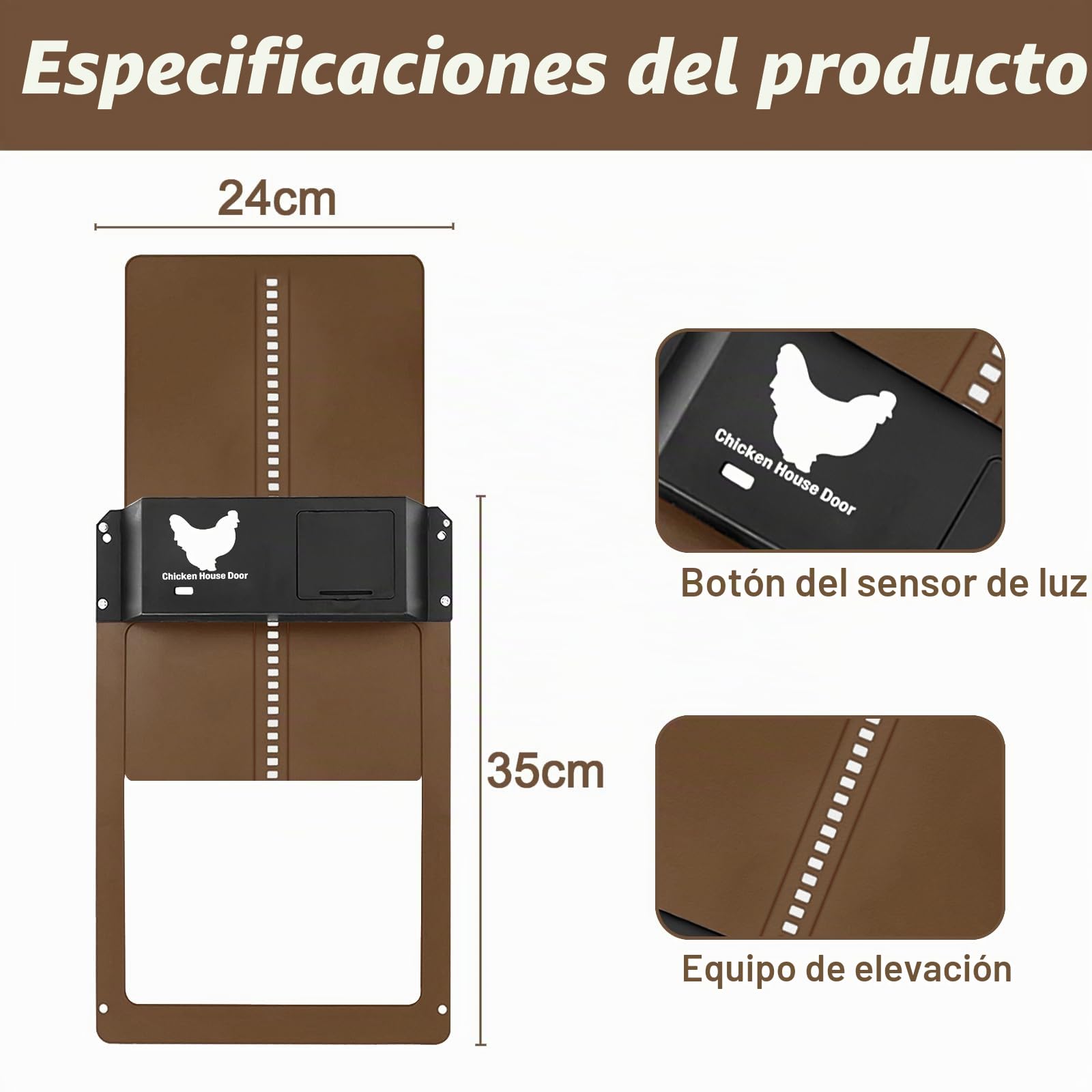 Puerta AutomáTica para Pollos,Puerta EléCtrica para Pollos AutomáTica | Abridor AutomáTico De Puerta para Gallinero, Puerta para Pollos con Corredera con Rieles GuíA, CríA Segura De Pollos(Marrón)