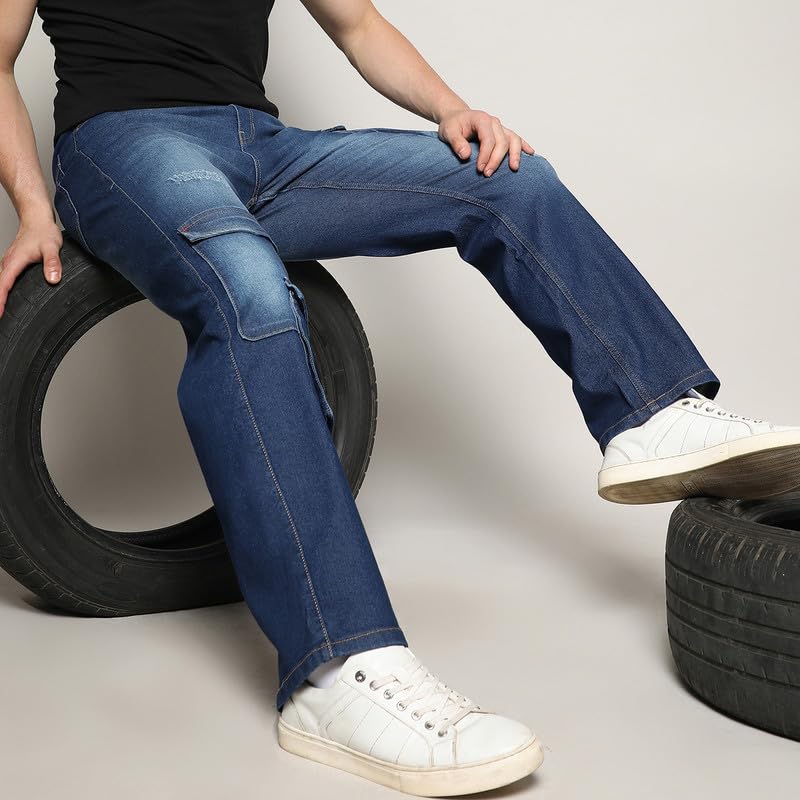 Image of CAHOOT Men's Stitched Cargo Denim Jeans for Casual Wear | Dark-Wash | 5 Pocket | Button Closure | Denim Jeans Crafted with Comfort Fit for Everyday Wear