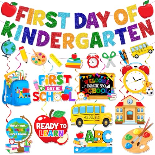 First Day of Kindergarten Decorations, Back To School Decorations includes Glitter First Day of Kindergarten Banner and Back To School Hanging Swirls, for Welcome Back to School Bulletin Board Class Decorations