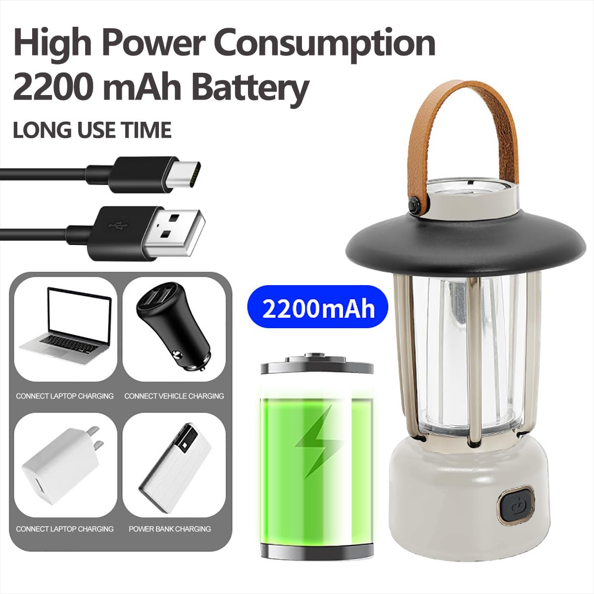 Lampe De Camping USB Rechargeable - 2200mAh, 3 Modes Lumière, IPX3 - Pour Randonnée, Jardin, Urgence (Noir)